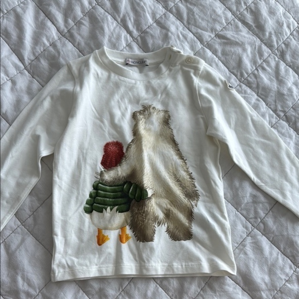 Kids Moncler White Long Sleeve Shirt with Bear and Duck Design